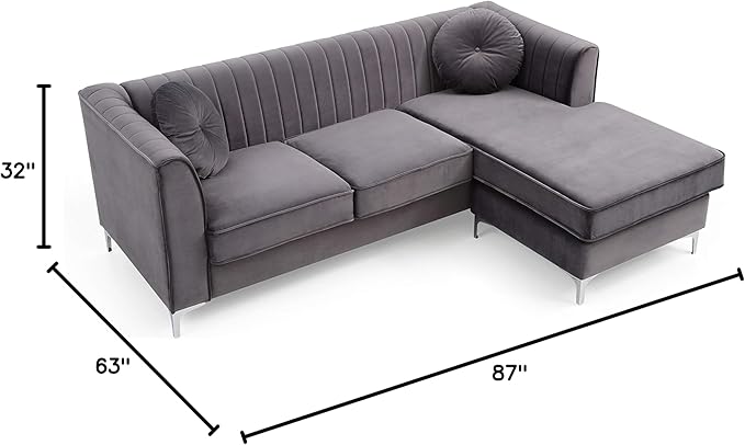Glory Furniture Delray Velvet Sofa Chaise in Gray