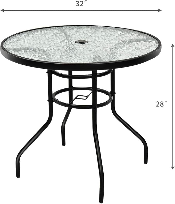 Tangkula 32" Round Outdoor Table with Tempered Glass Top, Patio Dining Table with Umbrella Hole & Metal Frame, Outside Bistro Table for Backyard, Lawn, Deck & Poolside - Image 3