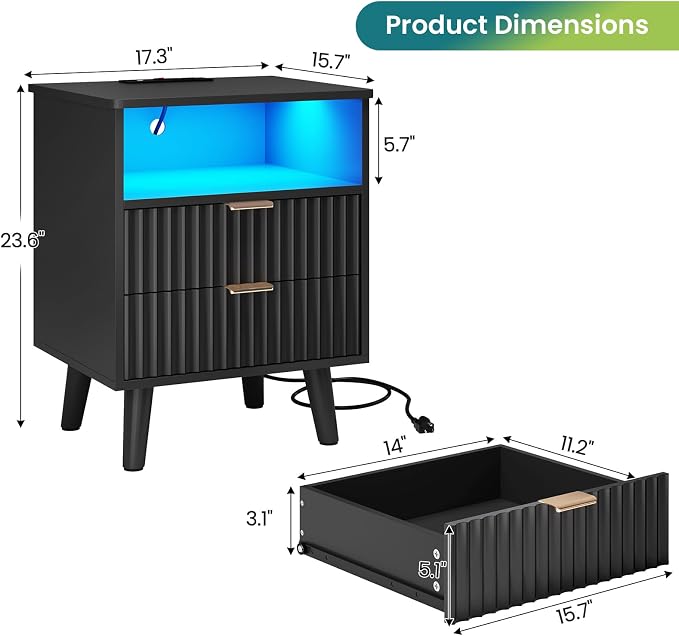 AOGLLATI Night Stand with Charging Station and Fluted Panel, 2 Drawers Black Nightstand with LED Lights and Open Storage Cubby, Modern LED Bedside Table with Metal Handle for Bedroom - Image 2