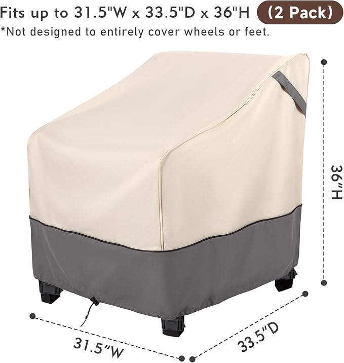 Waterproof Patio Chair Covers 2-Pack, Heavy Duty 600D Oxford Outdoor Furniture for Deep Seat Chairs, Weather-Resistant Windproof All-Season Protection, 31.5"W x 33.5"D x 36"H (Beige/Grey) - Image 2