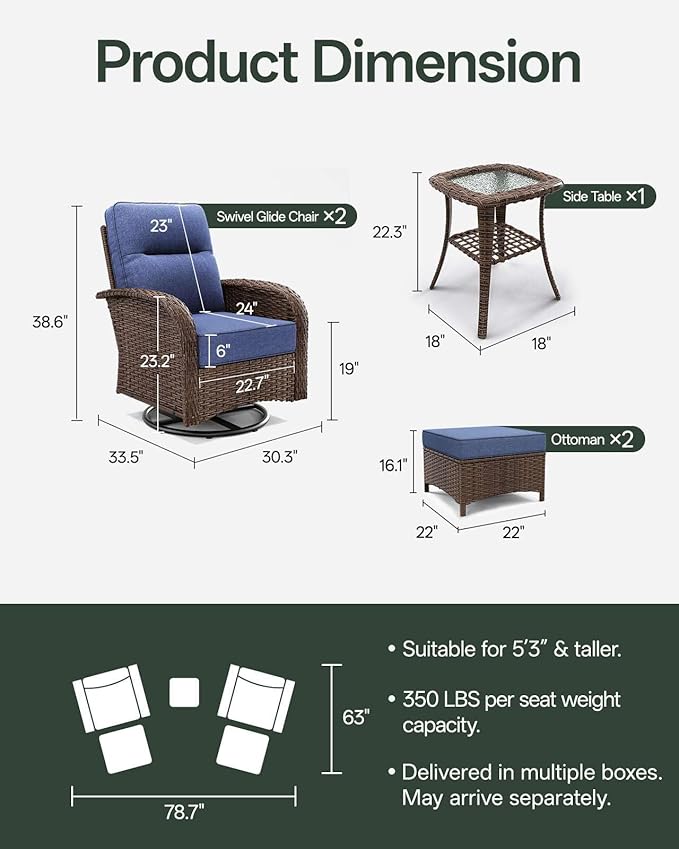 Patio Furniture Set with 6-Inch Thick Cushions, High Back Outdoor Swivel Rocker Chairs and Ottomans, 5-Piece Easy Assembly Conversation Set for Porch Deck Balcony Yard in Blue