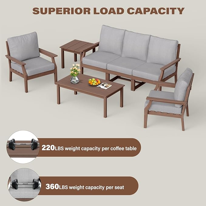 HDPE Patio Conversation Set, 7-Piece All Weather Outdoor Furniture Set with 2 Single Armchairs for Deck, Lawn, with Cushion, Brown