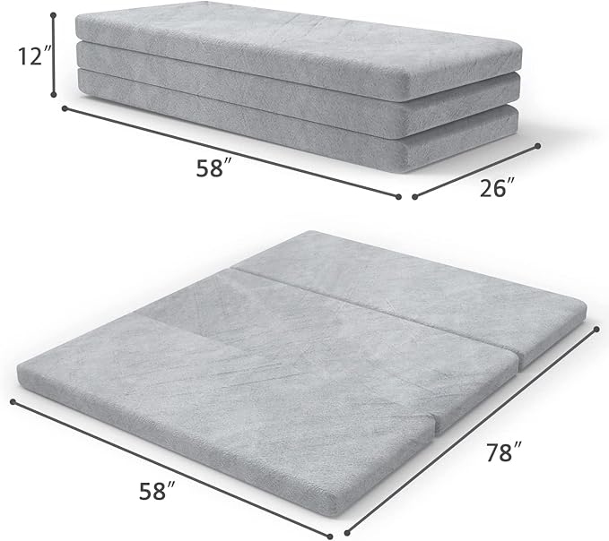 SINWEEK 3.95in Queen Folding Topper with Storage Bag - Foldable Trifold Floor Mat Topper, CertiPUR-US Certified Guest Sleeping Pad, Machine Washable Cover