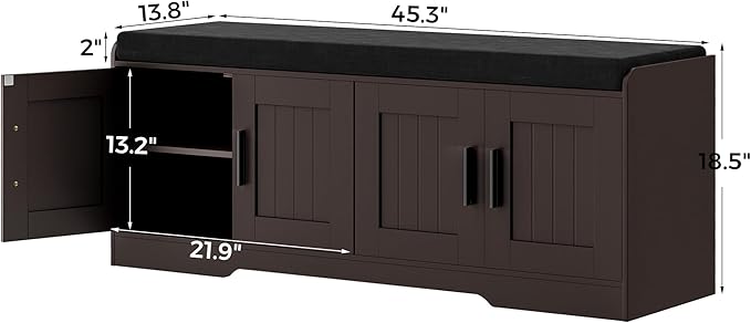 Homleke 2-Tier Storage Bench, Shoe Bench with Thickened Padded Seat Cushion, Entryway Bench with 4 Doors, Adjustable Shelf, 13.8" D x 45.3" W x 18.5" H, for Entryway, Living Room, Bedroom, Brown - Image 2