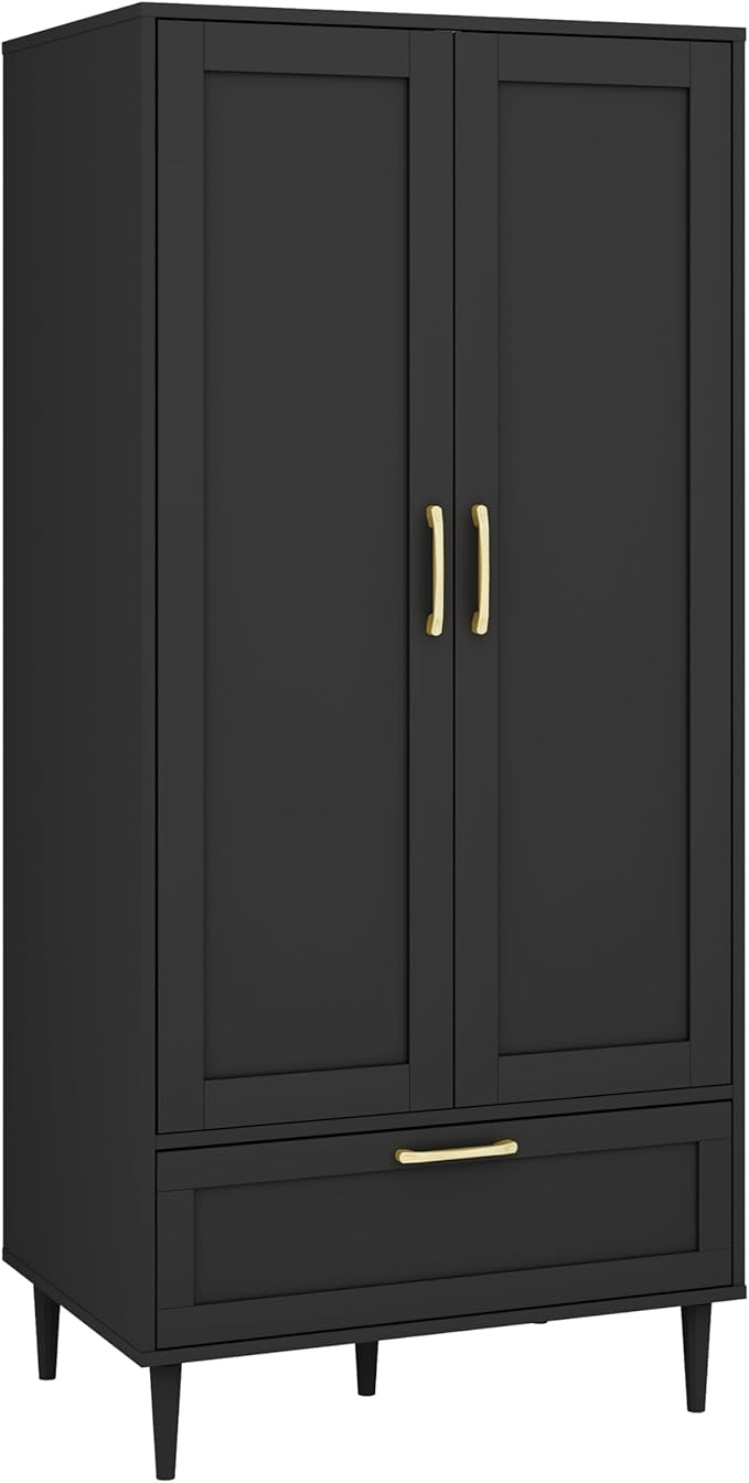 Gyger Wardrobe Closet with Drawer, Armoires and Wardrobes with Shelves and Hanging Rail,Freestanding Wooden Wardrobe Cabinet for Bedroom,Black