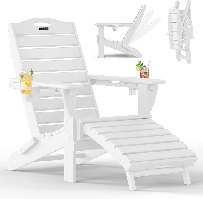 Folding Adirondack Chair with Retractable Ottoman, Weather Resistant Fire Pit Chair Patio Chair with 2 Cup Holder Lawn Outdoor Lounge Chair (White) by Suunyn