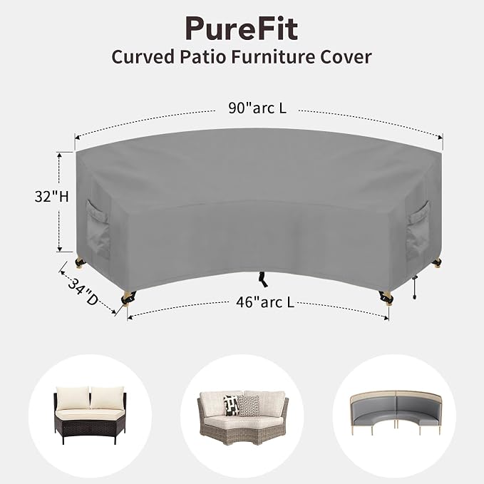 PureFit Outdoor Sectional Sofa Cover Waterproof Curved Patio Furniture Covers for Deck, Lawn and Backyard, 90Lx34Dx32Hx46FL, Grey - Image 2