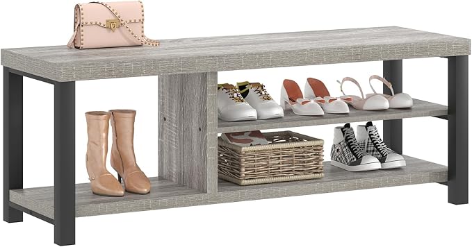 FOLUBAN Storage Bench, Vintage Wood Shoe Bench for Entryway Hallway, Industrial Indoor Shoe Rack Seat for Bedroom, Living Room, Light Grey, 43.3 Inch - Image 8