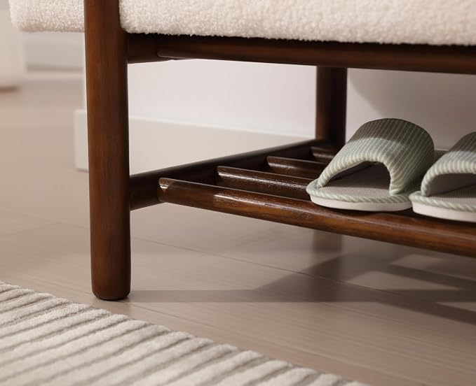 Shunzhi Modern Entryway Storage Bench, Upholstered Shoe Ottoman Bench, Flip-Top End of Bed Bench with Wood Shelf for Living Room/Bedroom/Hallway/Under Window,45Inches, Cream Faux Fur - Image 6