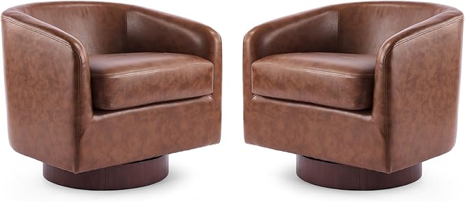 VINGLI 360°Swivel Accent Chairs Set of 2 with Engineered Wood Base and Removable Cushion for Living Room, Bedroom, Curved Back Barrel Chairs for Small Space, Upholstered Bucket Armchairs, Pu-Brown