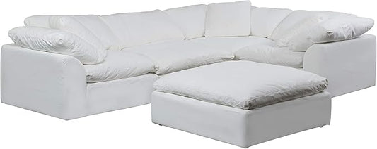 Sunset Trading Contemporary Puff 5PC Performance Fabric Washable Water-Resistant Stain-Proof White Slipcovered Modular L-Shaped Sectional Sofa with Ottoman, Deep-Seat Down-Fill