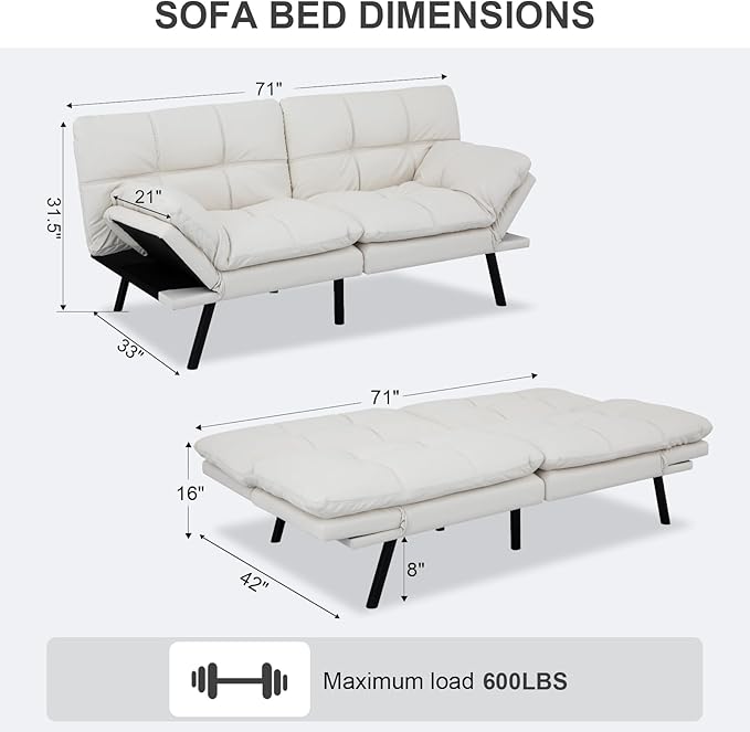 Vipbear Futon Sofa Bed Couch, 71" Convertible Sofa Bed, Space-Saving Loveseat with Adjustable Backrest & Armrest for Living Room,Apartment,Office,White Sleeper Sofa