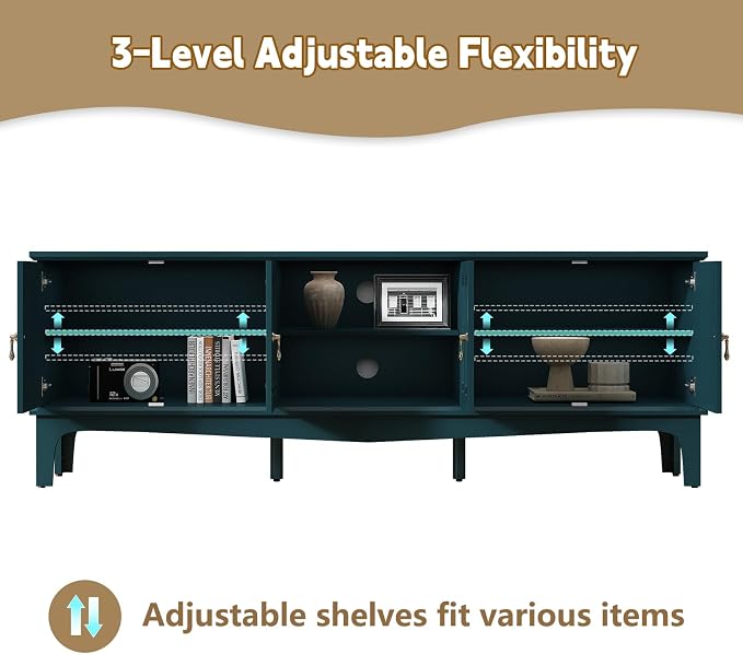 ARTPOWER 67“ Vintage TV Stand for TVs up to 75”, Modern Entertainment Center with Door Cabinets and Open Shelves,TV Console with Storage,Green Media Cabinet for Living Room,Bedroom - Image 5