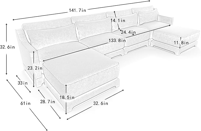Ball & Cast 141.7" Modular Sofa Couch with Deep Seat Chenille Sofa and Wide Armrest,2 Ottoman Modern Comfy 4-Seater Couch for Living Room, Office, Apartment, Easy to Assembly, Beige