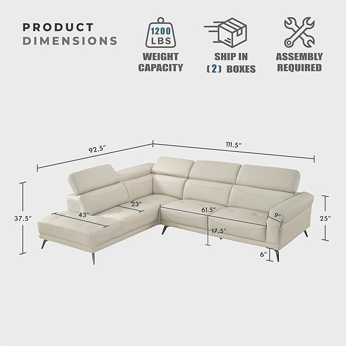 Lexicon L-Shaped Sectional Couch with Left Chaise, Top Grain Leather Match Sectional Sofa, Adjustable Headrests, Black Chrome Metal Legs, High-Density Cushions, Stitching, for Living Room, Beige