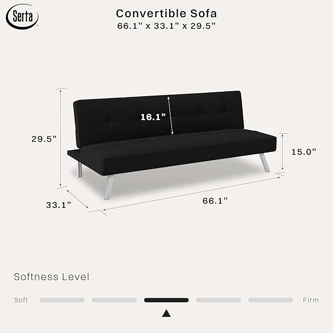Serta® Rane Futon Sofa Bed 66.1", 3-in-1 Convertible Couch Sleeper for Small Spaces, Tufted Back, Twin Size Guest Bed, Black Woven Fabric