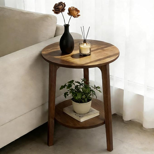 2-Tier Round Coffee Table Wood Nesting Side Table (Walnut Side Table, 16x16x20)
