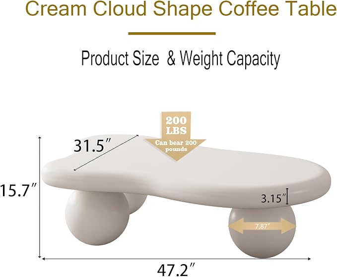 47.2” Cloud Coffee Table with 3 Ball Legs, Modern Irregular Center Table for Living Room, Low Cute Small MDF Tea Table for Bedroom, Space Apartment Cream White