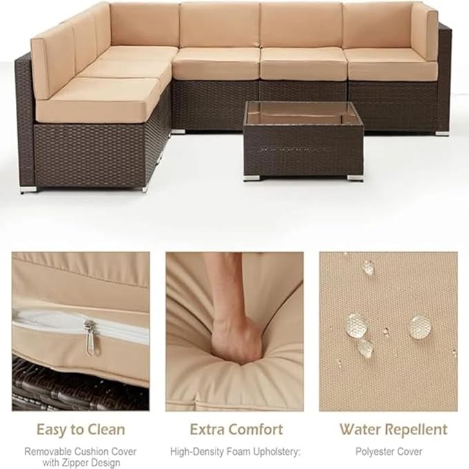 U-MAX 7 Piece Outdoor Patio Furniture Set with 43 Inch Fire Pit Table, PE Rattan Wicker Sofa Set, Outdoor Sectional Furniture Chair Set with Cushions and Tea Table, Brown Rattan&Beige Cushion