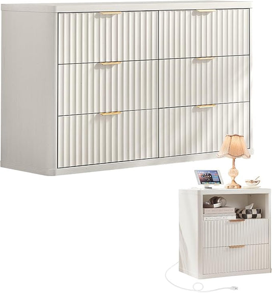 LEYAOYAO Fluted Dresser and Nightstand Sets, Wood 48" Wide Dresser & 23" Night Stand with Charging Station, 2 Piece Bedroom Furniture Set, Chest of Drawers for Bedroom, Home, Living Room,Antique White