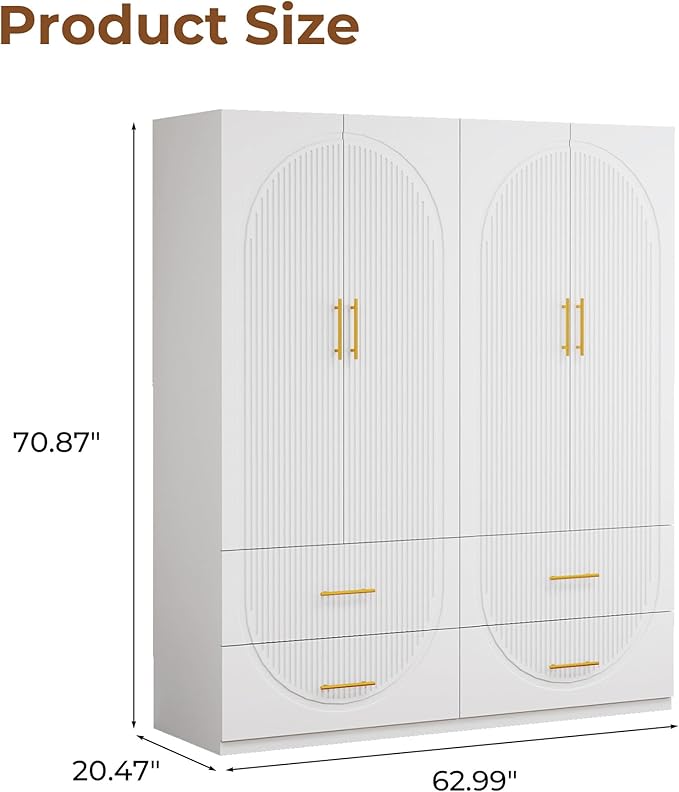 White Wardrobe Closet with Doors, 4 Drawers, Hanging Rods, Metal Handles, Large Capacity, Modern Minimalist Design, Textured Finish，Ideal for Bedroom 63.0" W x 20.39" D x 70.41" H (19)