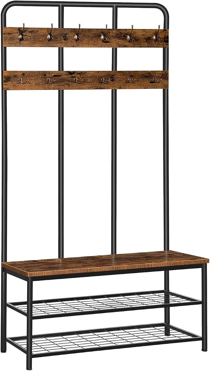 HOOBRO Hall Tree with Bench, Entryway Bench with Coat Rack, Mud Room Rack with 12 Double Hooks and Shoe Storage, Coat Tree, Shoe Rack Organizer, for Foyer, Front Door, Rustic Brown BF05MT01 by HOOBRO