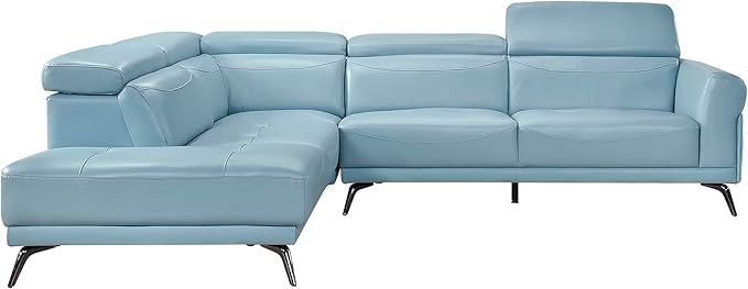 Lexicon L-Shaped Sectional Couch with Left Chaise, Top Grain Leather Match Sectional Sofa, Adjustable Headrests, Black Chrome Metal Legs, High-Density Cushions, Stitching, for Living Room, Blue