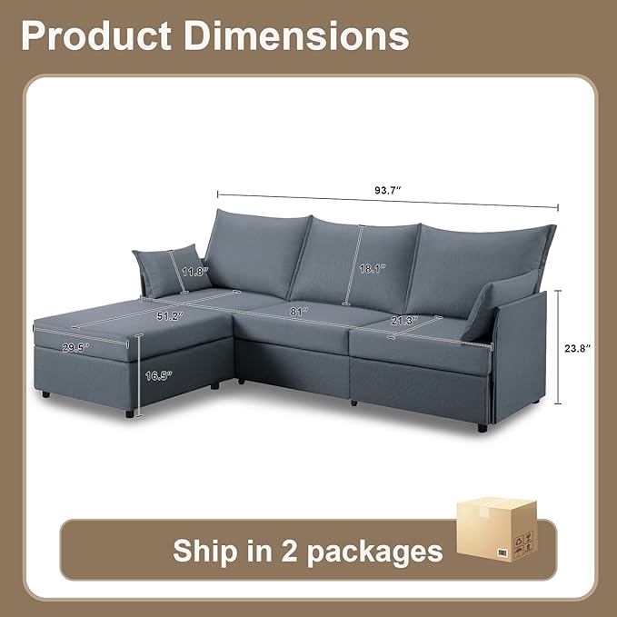 93.7” Sectional Sofa with Movable Ottoman, 3 Seaters L Shaped Couch Modular Sofa Bed with 2 Armrest Pillows, Small Sectional Couch for Living Room Bedroom Small Space Furniture, Gray