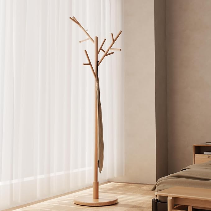 Muwuele Coat Rack,Solid Wood Coat Rack Freestanding with 12 Hooks,Coat tree freestanding 3 Adjustable Heights for coat, Hats, Handbags，Coat Stand for Entryway,Bedroom (Natural) by Muwuele