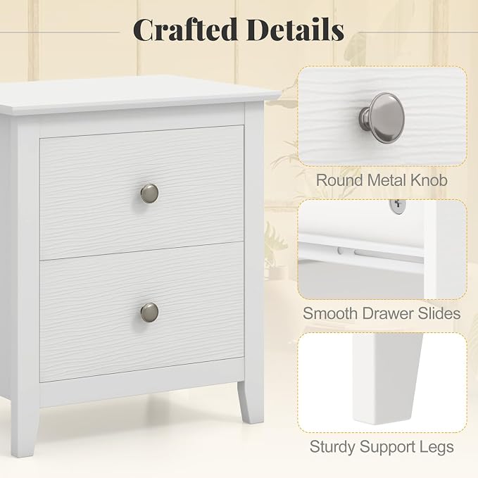 Giantex White Nightstand, Modern 2 Drawers Night Stand with Handles, Sofa Side Table with Sturdy Legs for Small Spaces, College Dorm, Kids’ Room, Wooden Bedside Table for Bedroom, White - Image 5