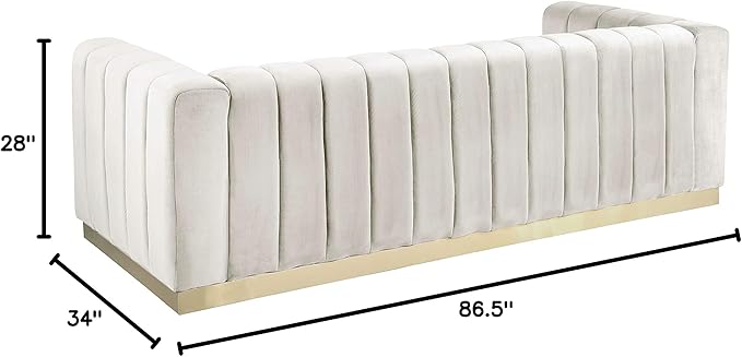 Meridian Furniture 603Cream-S Marlon Collection Modern | Contemporary Velvet Upholstered Sofa with Deep Channel Tufting, Stainless Steel Base in a Brushed Gold Finish, Cream, 86.5" W x 34" D x 28" H