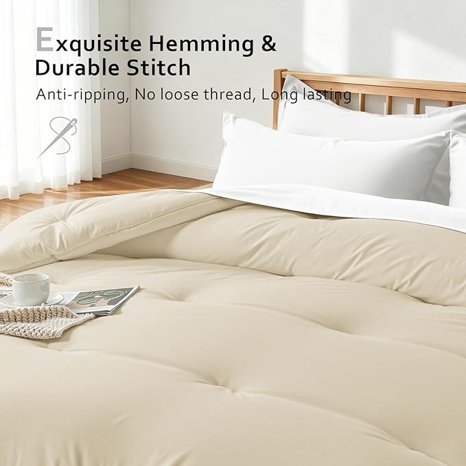 Comforters Full Size, All Season Quilted Bed Comforter, Ultra-Soft Down Alternative Duvet Insert with 4 Tabs, Lightweight Bedding Blanket - Machine Washable, Beige