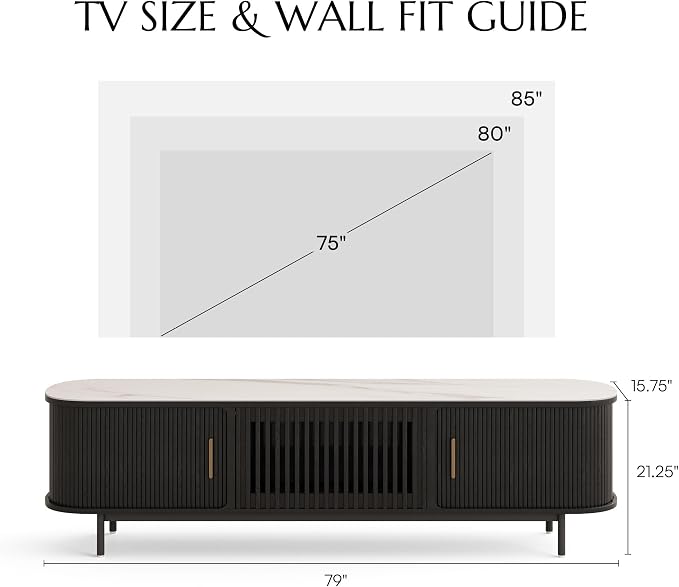 POVISON Fully-Assembled Sliding Tambour Door TV Stand, Mid Century Modern Sintered Stone TV Console, Wood Media Console for 75 Inch TV, Entertainment Center with Storage Cabinet(Black, 78.74") - Image 4
