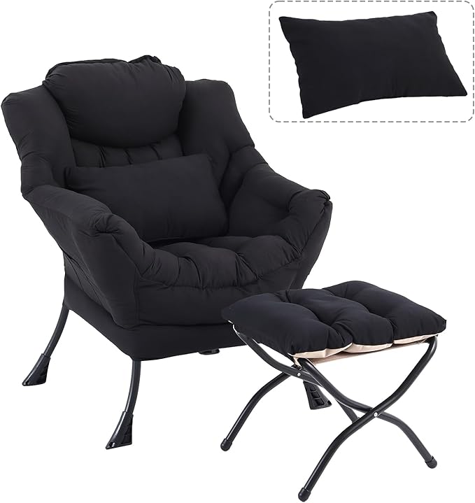 Lazy Chair with Ottoman, Modern Accent Chair with Lumbar Pillow, Black Sofa, Armchairs with Folding Footrest, Oversized Supportive Chairs for Bedroom, Reading