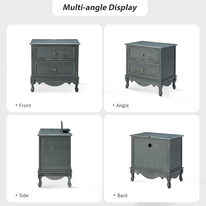 HULALA HOME Solid Wood End Tables Set of 2 with Charging Station Space, Vintage Endtables with Wood Legs and 2 Drawers, French Side Tables for Living Room, Blue - Image 5