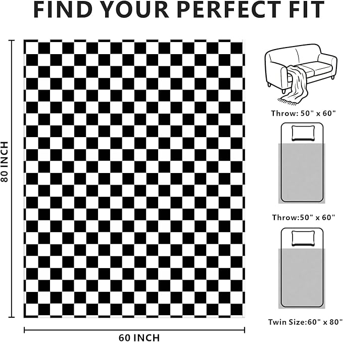 Edenleaf Checkered Blanket Flannel Throw Blankets Soft Cozy Checkered Grid Print Chessboard Gingham Pattern Throws for Bed Sofa Couch for All Seasons, 60x80 Inch, Black