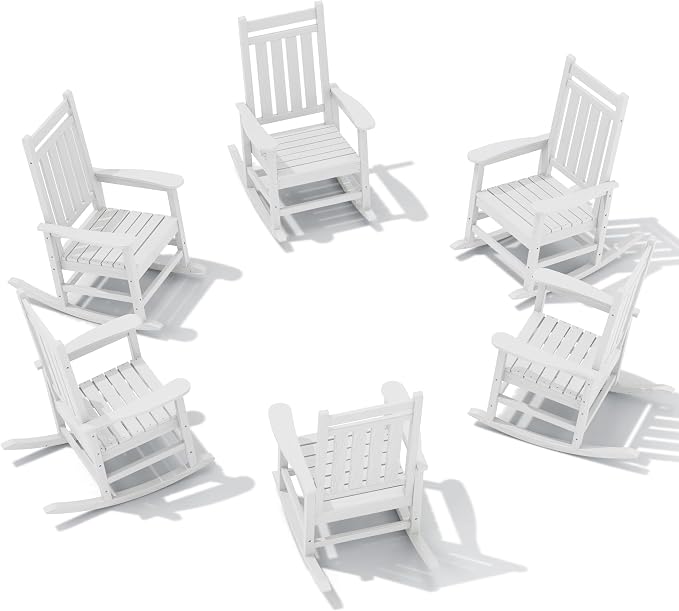 SERWALL HDPE Outdoor Rocking Chair Set of 6, Patio Rocking Chairs for Adults, All Weather Outdoor Rockers for Lawn, White by SERWALL