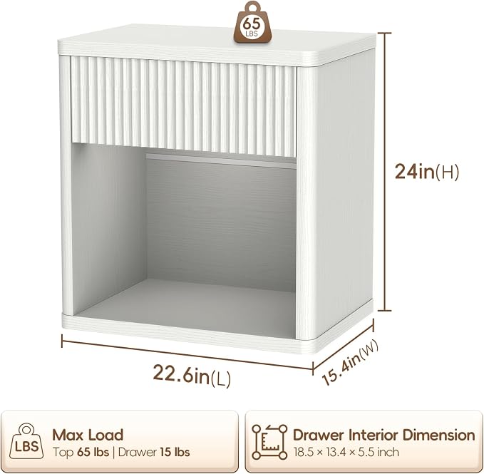 LubanNese Fluted Nightstands Set of 2, Modern Night Stands with Drawer, Bedside Table with Storage Open Shelf, Mid Century Large Wide Wood End Table for Bedroom Living Room, White Oak - Image 3