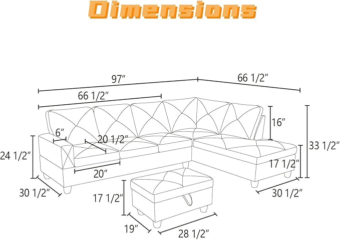 FONTOI L Shaped Sectional Couch with Otttoman, 97" Leather Sectional Sofa for Living Room Modular Couches with Cup Holders for Bedroom, Apartments, Dark Grey