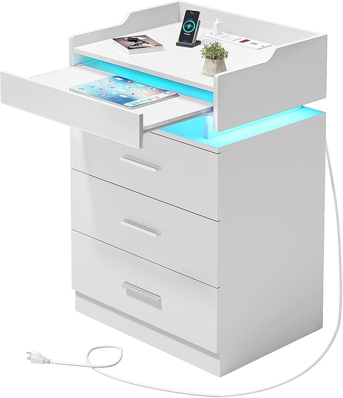 HAUOMS LED Nightstand with Charging Station,Night Stand with Pull-Out Shelf,Bedside Table with Drawers,Modern End Table Side Table Storage Cabniet,White - Image 7