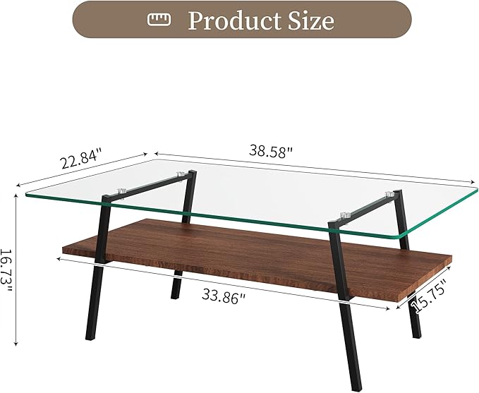 IANIYA Glass Coffee Table for Living Room Small Gold Mid Century Coffee Table for Living Room with Wood Shelves (Black Frame, Transparent Glass + Brown Wood)