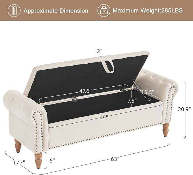 Furniliving 63” End of Bed Bench, Bedroom Bench with Button-Tufted, Large Upholstered Storage Ottoman Benches Entryway Bench with Storage Shoe Cabinet Bench, for Bedroom, Living Room, Linen, Beige - Image 3