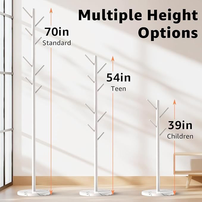 HzTinT Coat Rack with Natural Marble Base, Metal Freestanding Coat Rack with 8 Hooks, 3 Adjustable Size Sturdy Coat Tree for Bags, Coats, and Hats for Entryway, Hallway, Bedroom, Office, White - Image 5