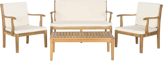 Safavieh Outdoor Living Collection Bradbury 4-Piece Outdoor Living Set, Natural/Beige, Chair: 25.6" x 24.8" x 31.9" Bench: 48.4" x 24.8"