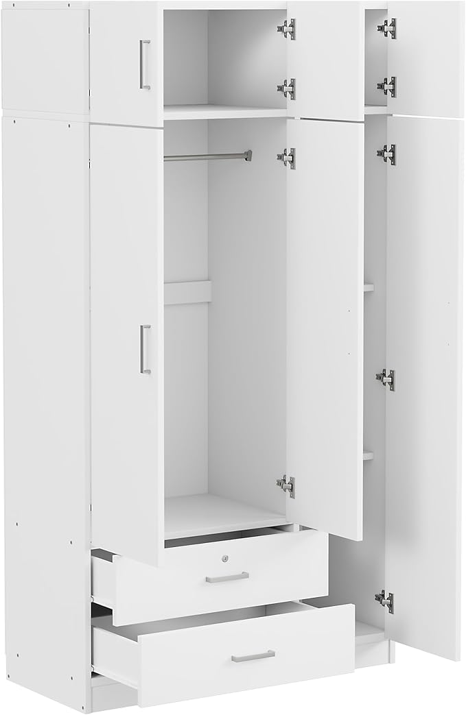 Merax 3 Doors Wardrobe with Mirror Door and Top Cabinet, Wooden Closet Wardrobe Organizers with Hanging Rail, 2 Drawers and 4-Tier Storage Shelves for Bedroom, Laundry Room, White