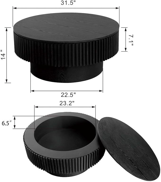 Round Coffee Table with Storage, Modern Wooden Coffee Table with Solid Wood Veneered, Circle Center Table Accent Tea Table for Living Room Apartment Small Space (31.5''L × 31.5''W × 14''H, Black)