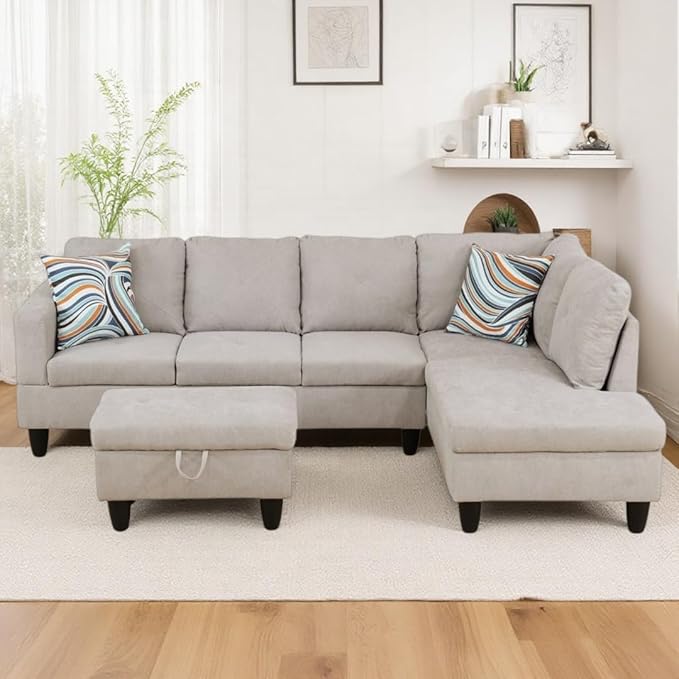 NicBex Modular L-Shaped Sectional Couches, 3-Piece Convertible Couch with Storage Ottoman, 4-Seat Comfy Sofa with Chaise for Living Room & Apartment, Light Sand