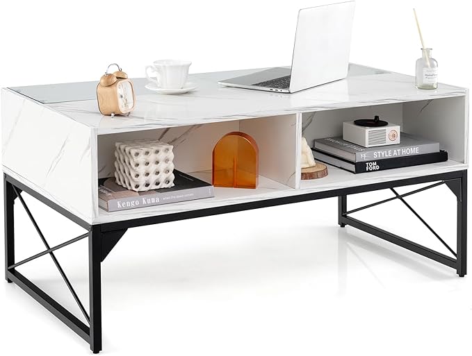 Giantex LED Coffee Table, High Gloss Coffee Tables with 4 Storage Cubes, 20-Color Lights, Remote Control, Faux Marble & Tempered Glass Top, Modern Accent Rectangle Center Table for Living Room (White)