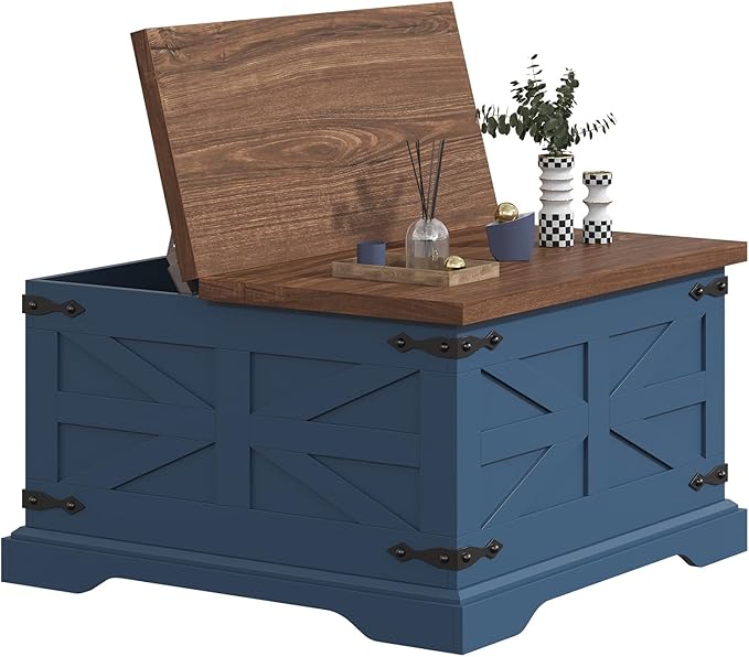 Blue Coffee Table with Storage, Farmhouse Square Center Table with Walnut Top for Living Room, Hinged Lift Soft Close, Large Hidden Storage, Modern Metal Corner, Blue Wood