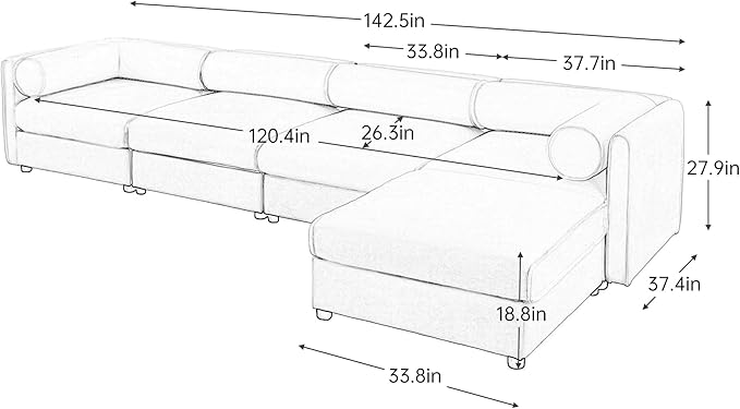 KEIKI 143" L-Shaped Modular Chenille Sectional Sofa with Storage Seat, 1 Ottoman, Modern Style 4-Seater Couch with Cylindrical Backrest and Armrests, Easy Assembly, for Apartment, Living Room, White